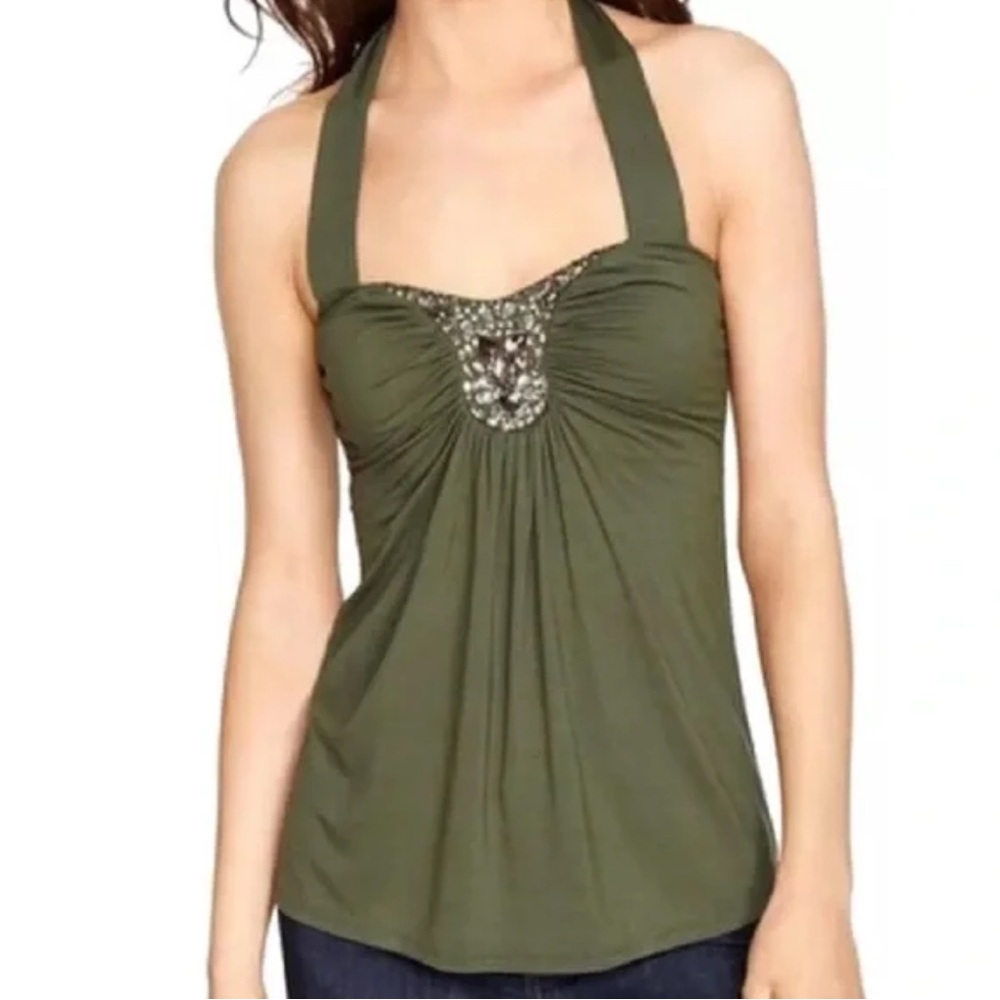 WHBM | Olive  Green Halter Top with Embellishments | Sz M | Very Good Condition